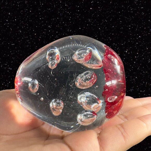 Vintage Art Glass Paperweight Red Bottom With Clear Large Air Bubbles Swirls - Picture 3 of 14